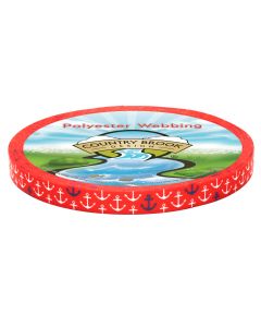 A roll of red polyester webbing with white and blue anchors printed onto it