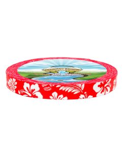 Red polyester webbing with white hibiscus flowers and palm leaves printed on it