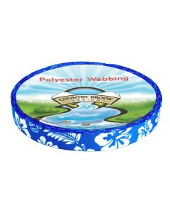 A roll of royal blue polyester webbing with white hibiscus flowers and palm leaves printed onto it