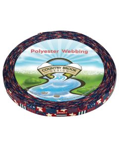 A roll of polyester webbing featuring stars, stripes, the liberty bell and the word "America" in blue and red squares