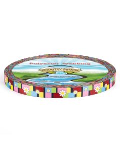 The webbing showcases a repeating striped block pattern, where each block is a different color. Within many of the blocks are small, white daisy-style flowers with yellow centers and simple petals.
