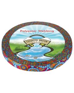 A roll of polyester webbing with colorful geometric shapes printed onto it