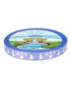 A roll of periwinkle polyester webbing with snowmen and snowflakes printed onto it