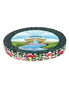 A roll of polyester webbing with cartoon little green aliens and UFOs with a light beam coming out of them