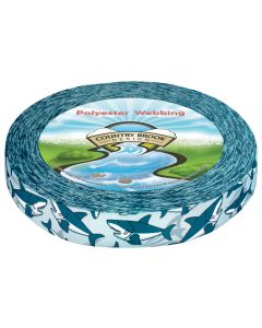 Blue polyester webbing with blue and white sharks printed onto it