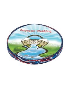 A roll of red white and blue webbing with white stars printed onto it