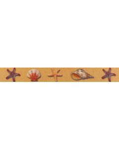 Sand colored polyester webbing with seashells and star fish printed onto it