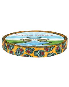 A roll of orange polyester webbing with colorful sugar skull printed onto it