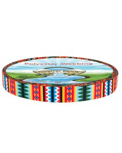 A roll of multi-colored, geometric patterned polyester webbing