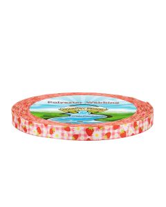 narrow roll of Country Brook Design polyester webbing featuring a pink gingham pattern with red strawberries and white daisy accents