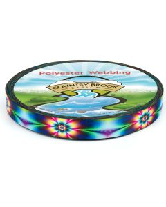 Roll of webbing featuring a vibrant and colorful tie-dye inspired pattern. The design consists of radiating starburst or mandala-like shapes, evenly spaced along the length of the webbing.
