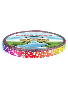 Polyester webbing features a bold and cheerful rainbow dog-themed pattern. Repeating white paw prints and Scattered white dog bones
