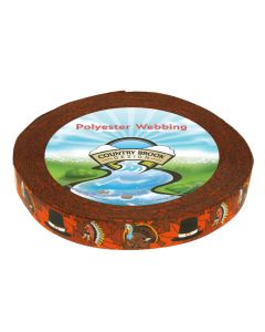 A roll of polyester webbing with fall leaves printed onto it with pilgrim hats, turkeys, and head dresses printed on top of the leaves