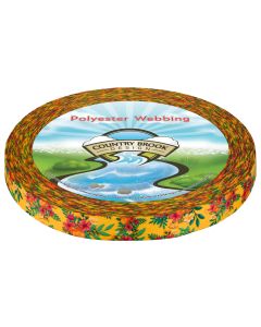 A roll of yellow polyester webbing with bright tropical flowers and palm leaves printed onto it