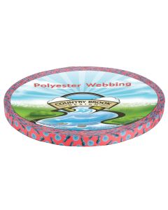 A roll of orange polyester webbing with teal pineapples and oranges printed onto it