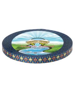 A roll of webbing with a pattern of orange and yellow southwestern style diamonds on a deep blue background