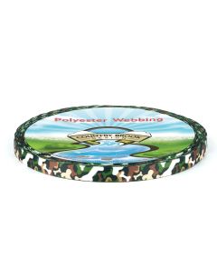 Army style camouflage shaped like cartoon dog bones printed onto a roll of polyester webbing