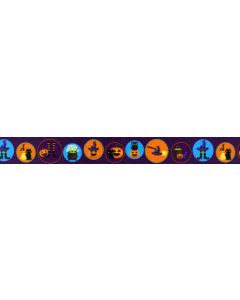 Purple polyester webbing with black cats, witch hats, cauldrons, and jack-o-lantern's printed on it