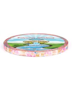 Pink, orange and blue peonies printed onto polyester webbing