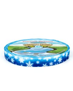 A gradient white to blue polyester webbing with white snowflakes printed onto it