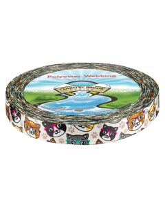 Off-white polyester webbing with paw prints and cats wearing glasses printed onto it