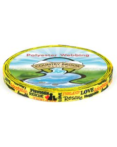 Yellow polyester webbing with dogs, cats, hearts and words such as "adoptable" "love" "huggable" and "rescue" printed in black and red