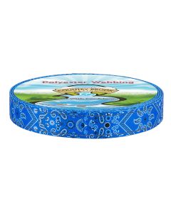 A roll of Country Brook Design polyester webbing featuring a blue bandana-style paisley pattern.