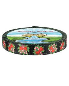 A roll of Country Brook Design polyester webbing featuring a black background printed edge with candy canes, holly, and red bows.