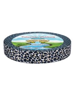 Polyester webbing featuring a black and tan cheetah print pattern on a white background