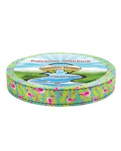 Teal webbing with palm trees and flamingos with reflectors on the side
