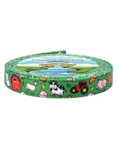 Chickens, sheep, barns, & more can be spotted among the mix on green webbing with reflectors on the side 