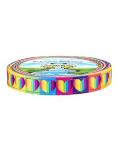 A roll of colorful polyester webbing featuring a rainbow-striped heart pattern.