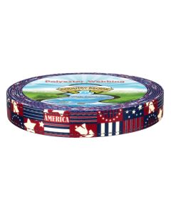 Red, white, and blue Americana/4th-of-July pattern with patchwork-style blocks featuring stars, stripes, the word "AMERICA," silhouettes that look like a girl and a Liberty Bell, and a flag-like striped design.