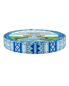 A roll of Country Brook Design polyester webbing featuring a blue and white geometric southwestern-style pattern.