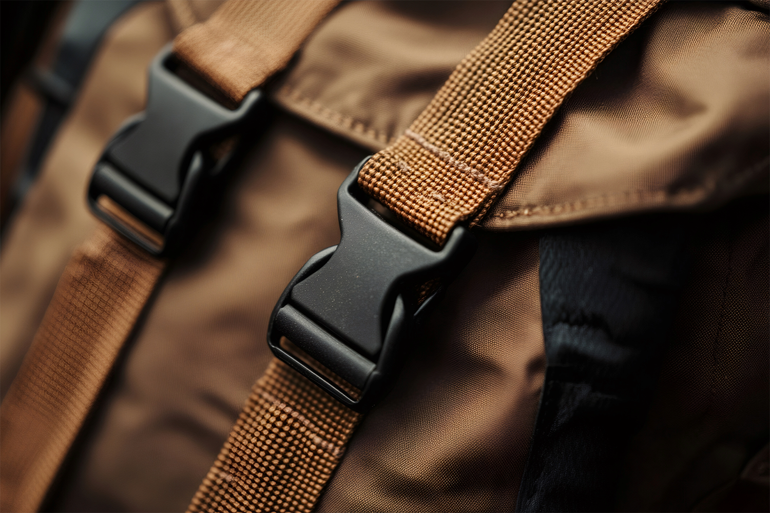 Brown backpack fastened and buckled with nylon straps