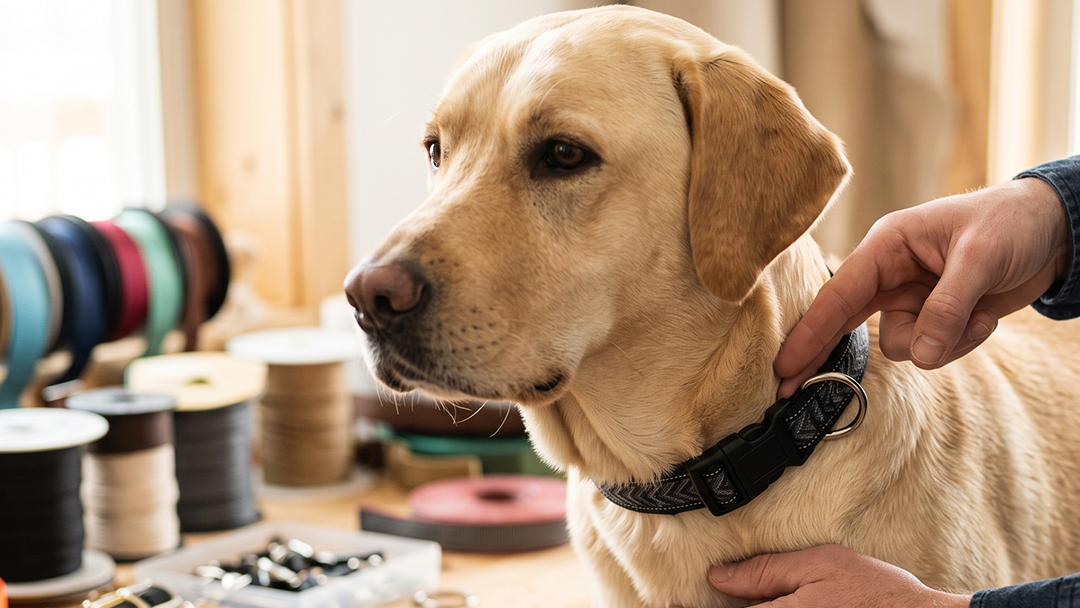 a golden retriever getting fitted for a dog collar
