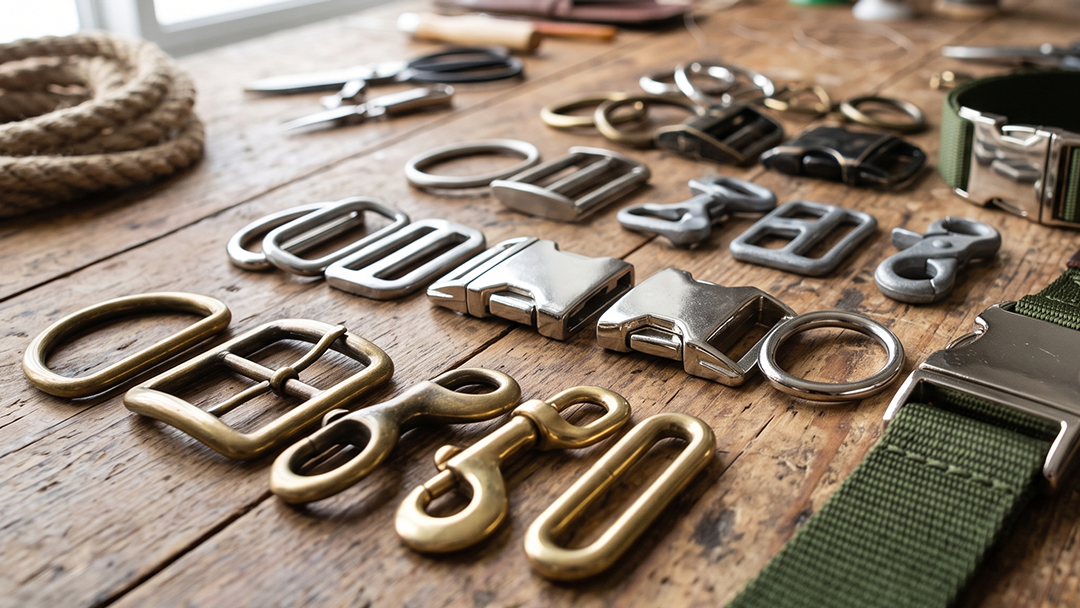 a row of hardware and webbing on a wooden table