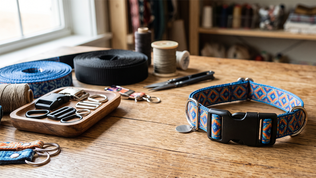 A pet collar with a tray of crafting hardware on a table