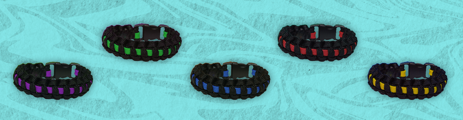 Assortment of paracord bracelets in various colors