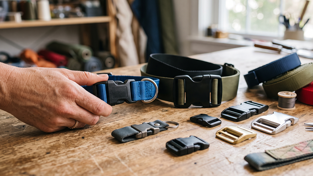 A hand setting down a pet collar on a table