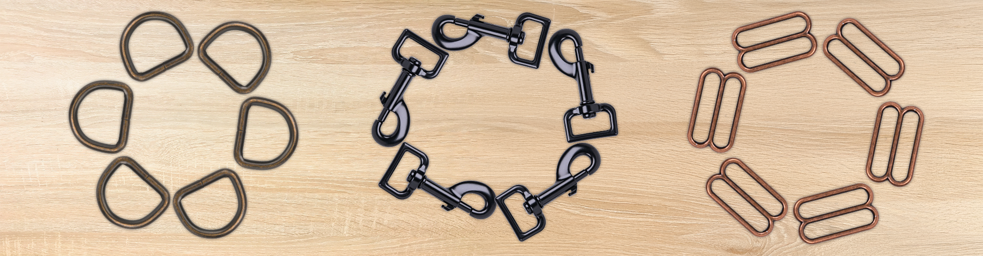 D-rings, Snap hooks, and Triglide Slides on wooden table