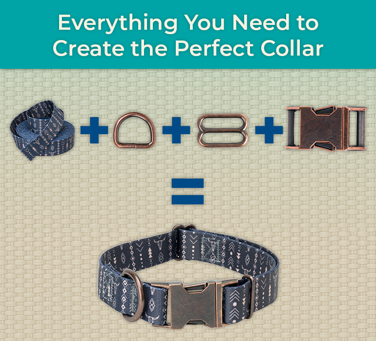 Antique brass hardware and dark blue patterned webbing showing everything needed to craft a custom collar