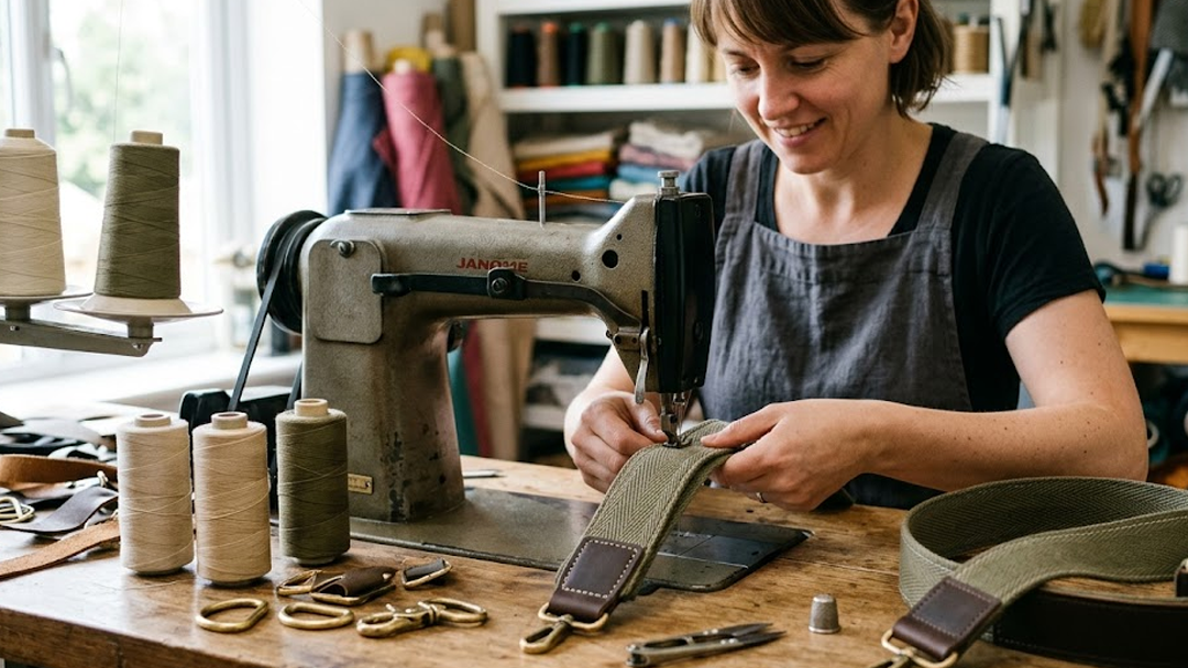 Woman crafting heavy duty straps for bags