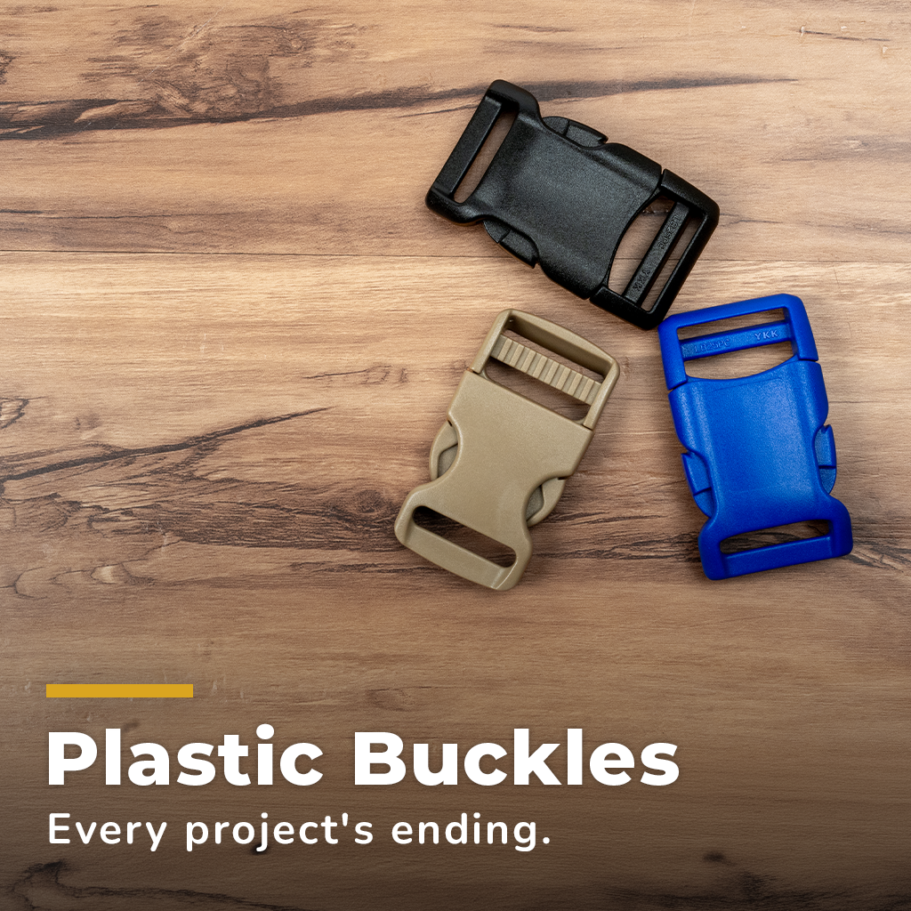 Plastic Buckles. Photo of 3 plastic buckles in blue, red, and yellow