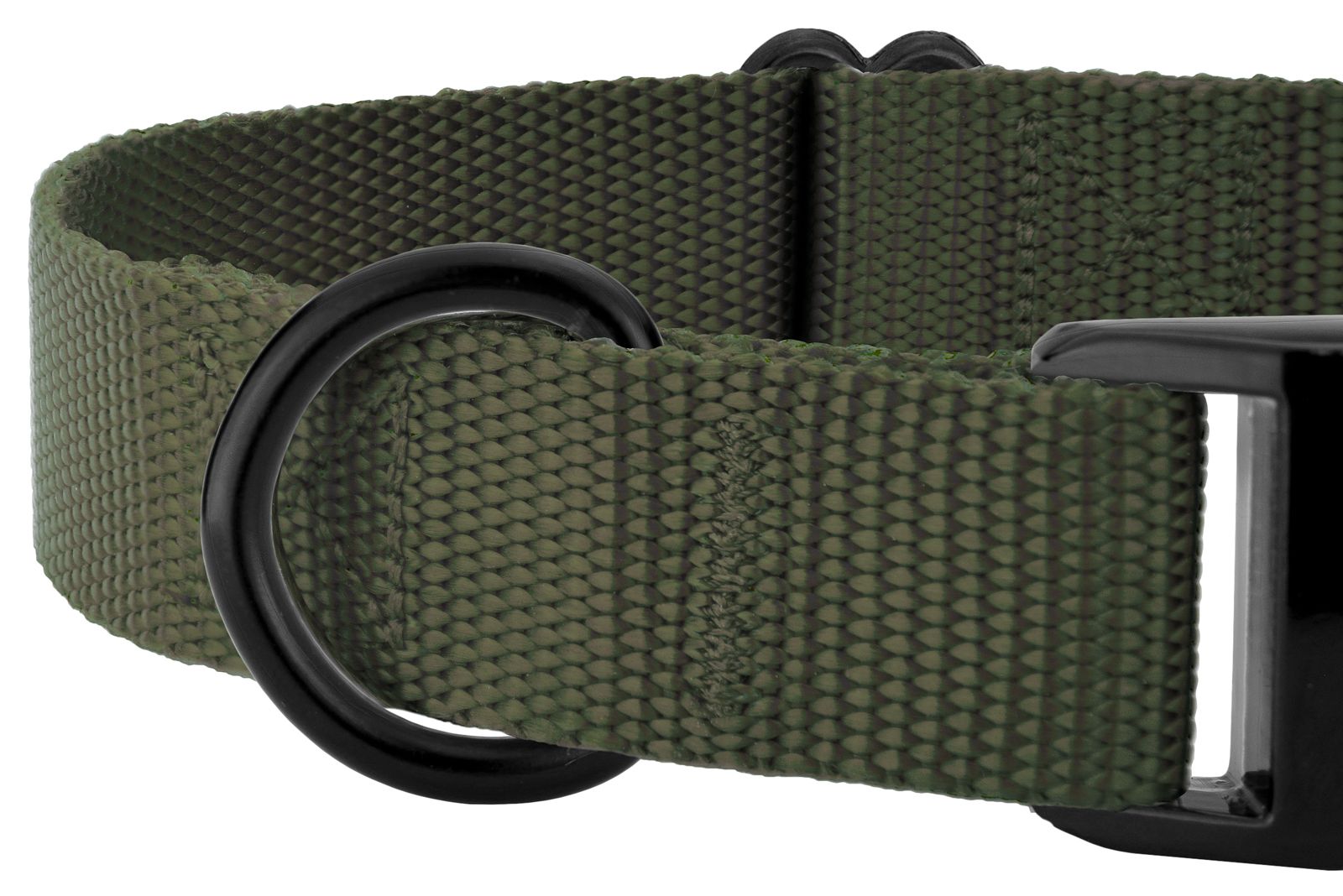 Forrest green webbing collar with a sewed in black metal D-ring.