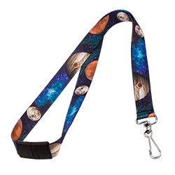 A closeup photo of a lanyard with a planet pattern