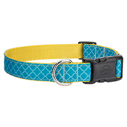 A dog collar with blue pattern stitched to yellow nylon webbing